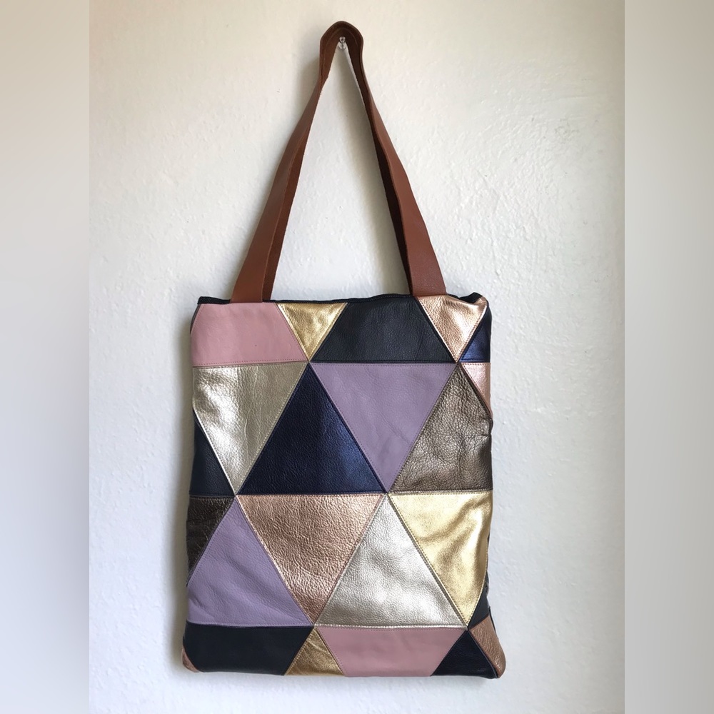 Lira Leather Geometric Patchwork & Denim Handbag